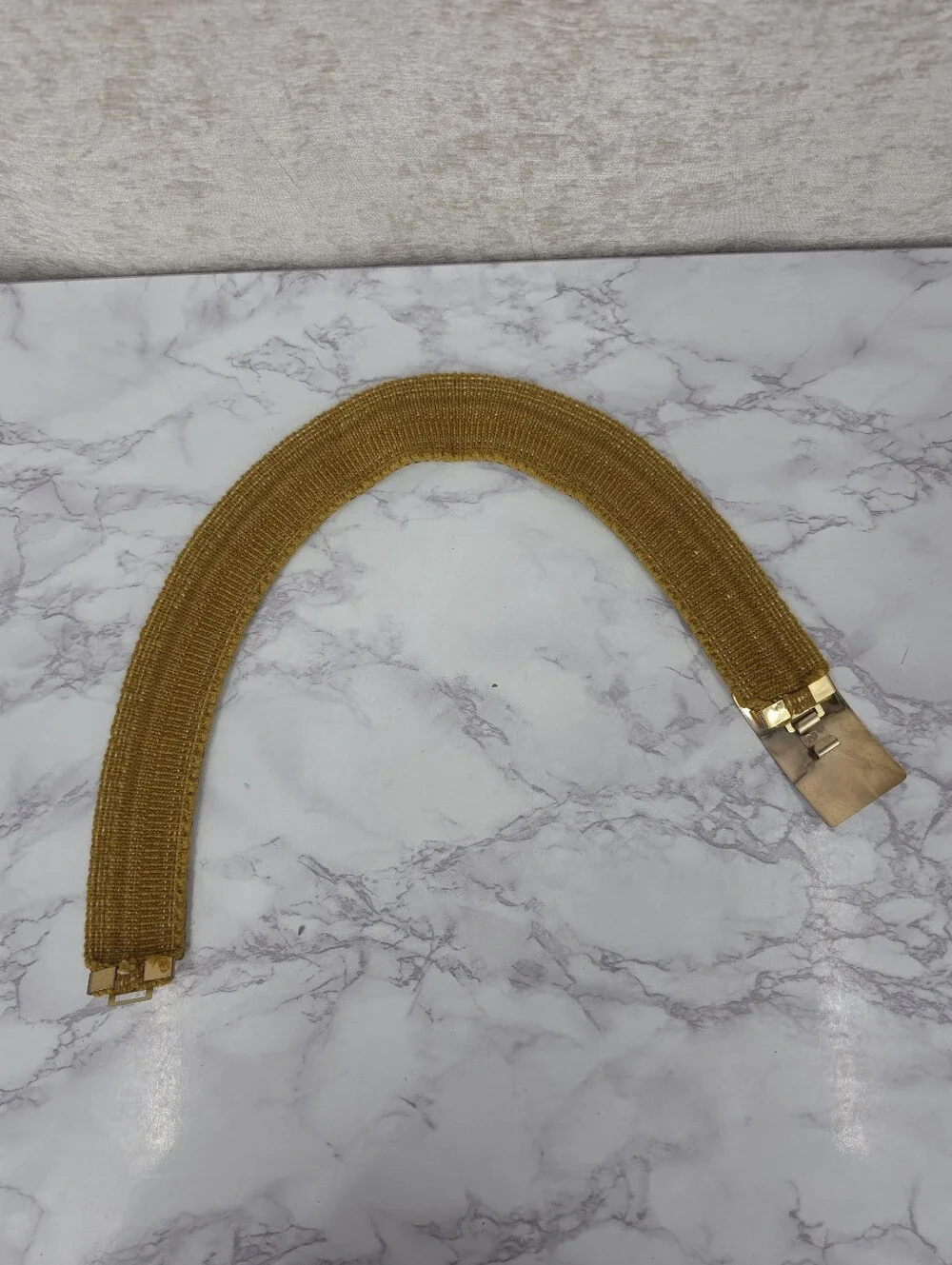 Vintage 80s Gold Tone Articulated Fishscale Stretch Belt Two Tone Buckle